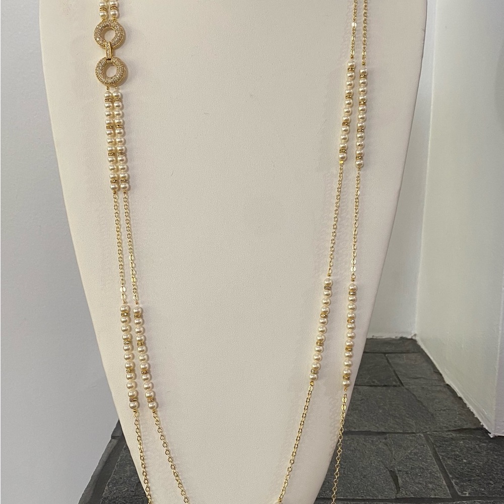 Swarovski 5mm pearls,long necklace 35 inch, with gold plated side clasp,Handmade